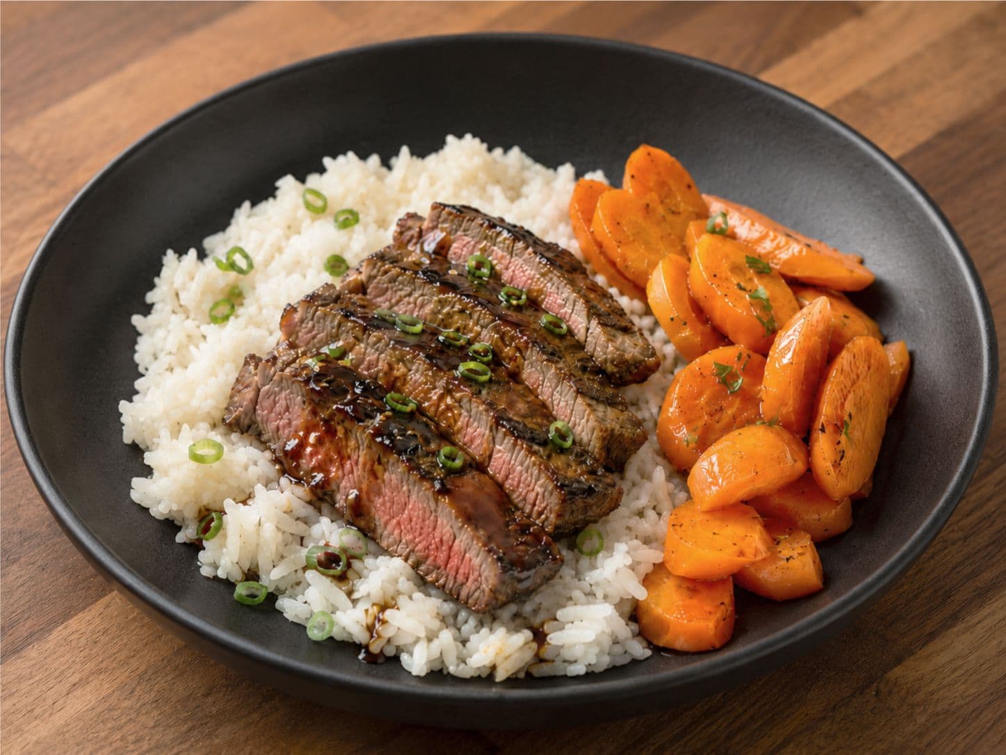 Mirin-Glazed Sirloin Steak Bowl with Jasmine Rice & Buttered Carrots