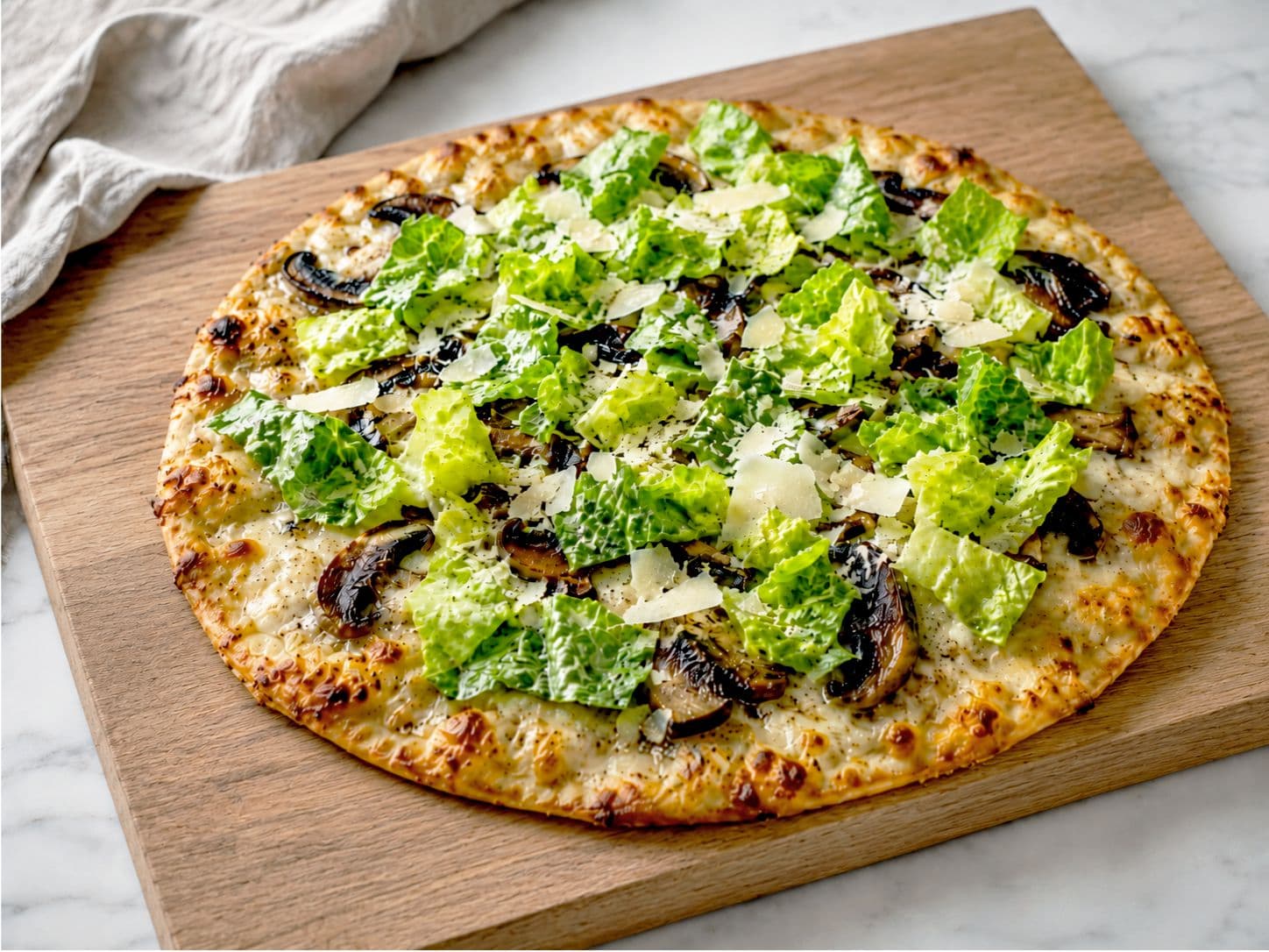 Crispy Caesar Salad Pizza with Roasted Portobello & Two Cheeses
