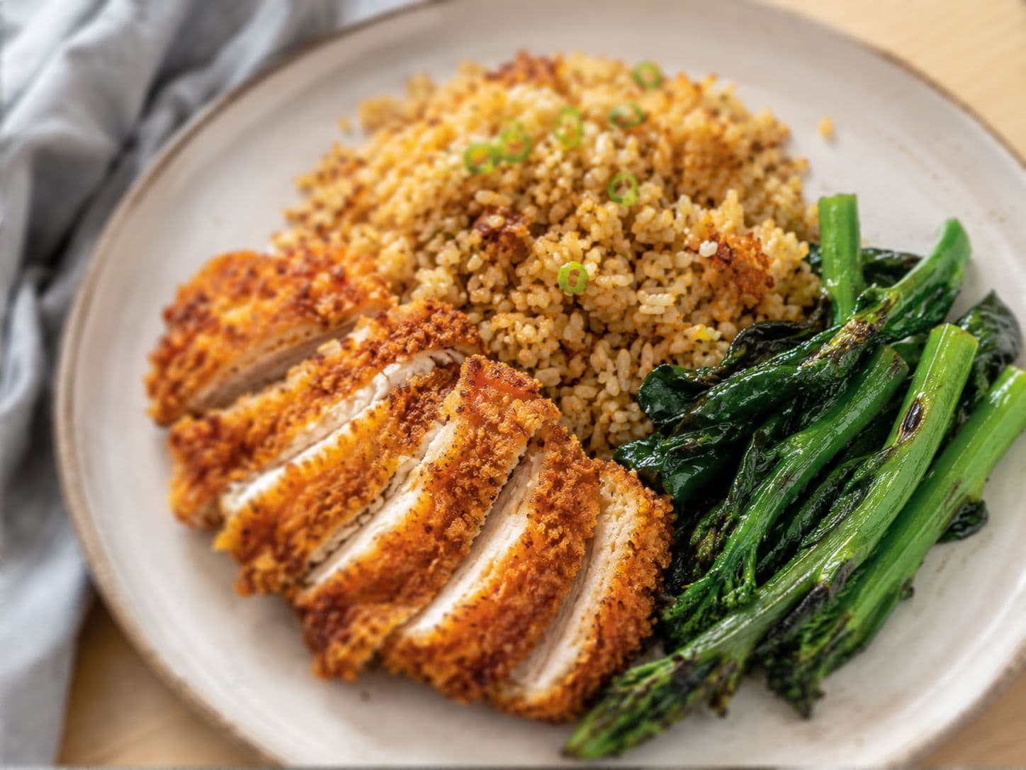 Crispy Chicken Katsu with Crunchy Rice & Roasted Chinese Broccoli