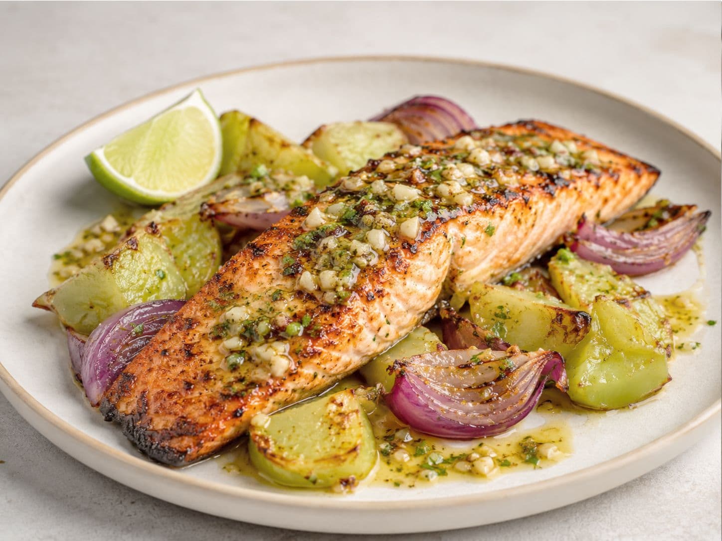 Chili-Lime Steelhead Trout with Roasted Chayote, Red Onion & Mojo de Ajo