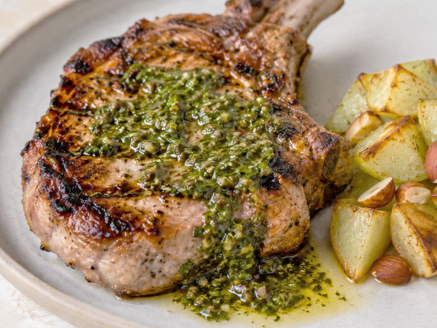Grilled Chimichurri Pork Chops with Roasted Chayote & Smoked Almonds
