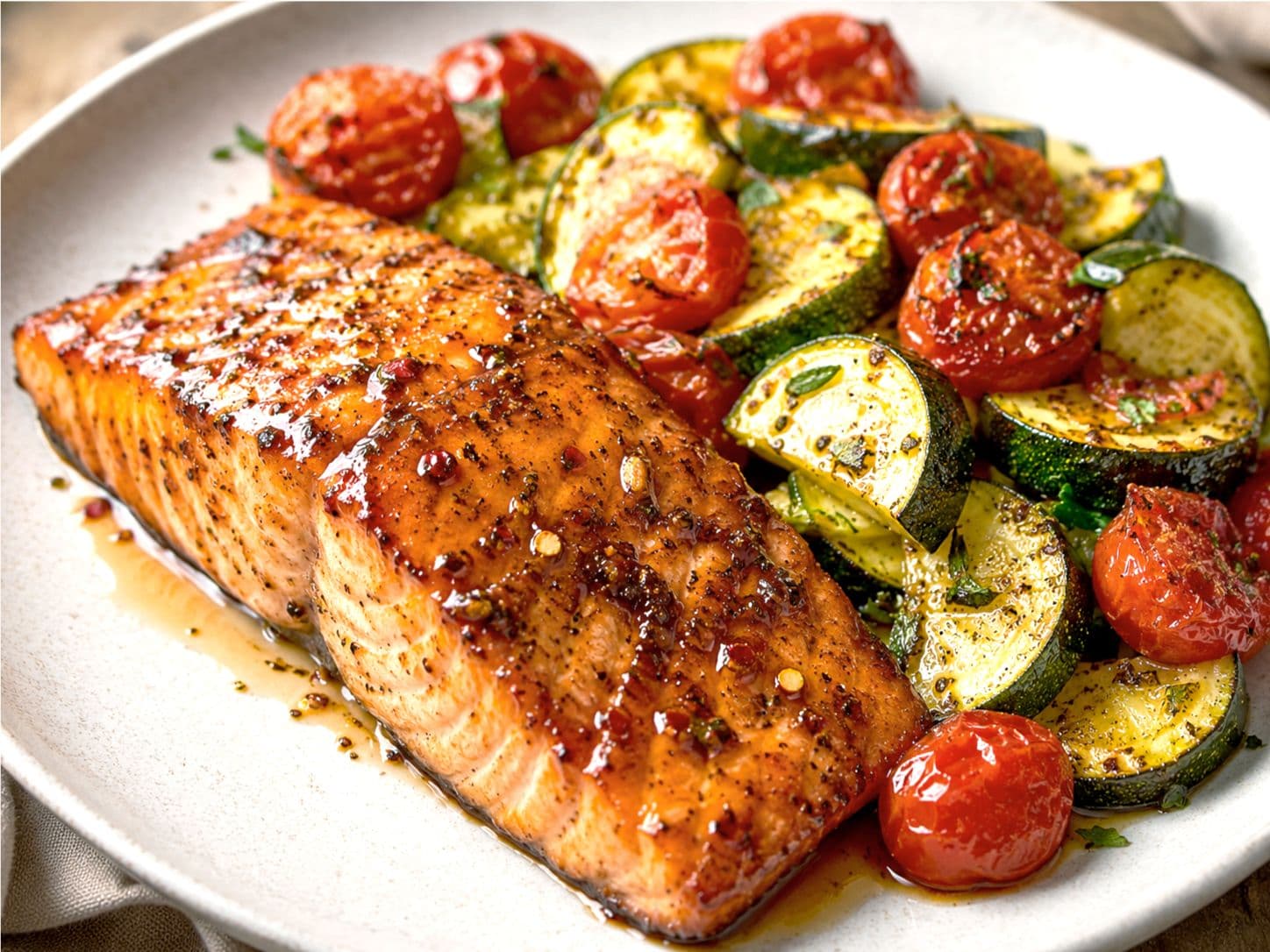 Hot Honey Glazed Salmon with Herb-Roasted Zucchini & Tomatoes