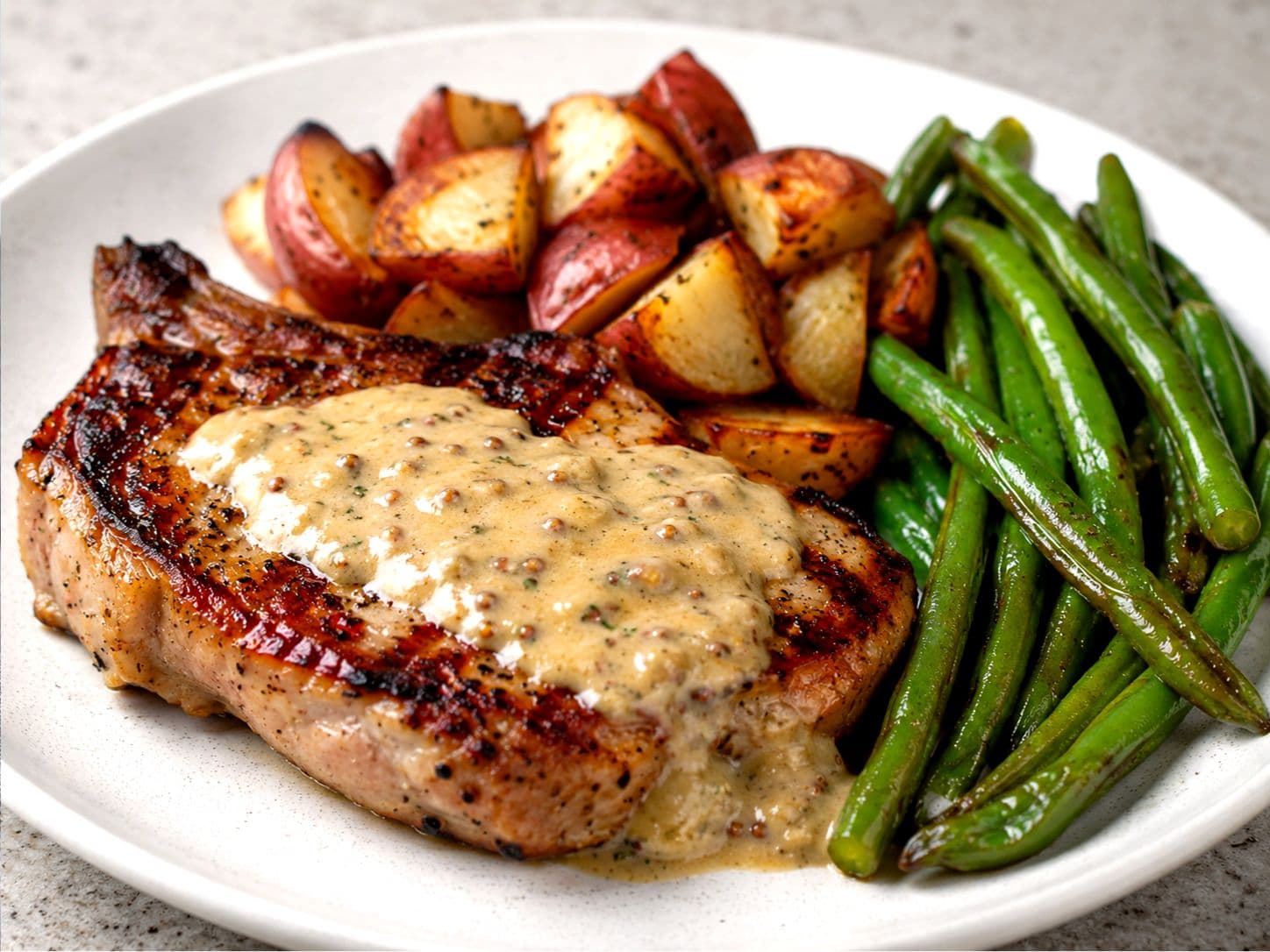 Grilled Pork Chops with Whole Grain Dijon Cream Sauce, Red Potatoes & Green Beans