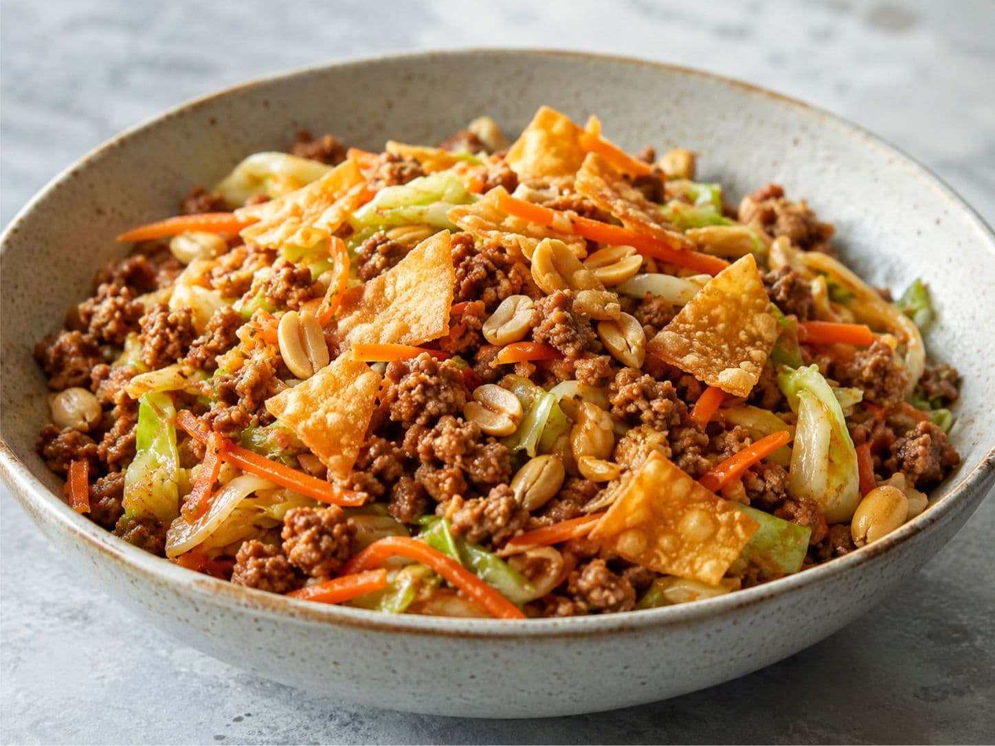 Deconstructed Pork Egg Roll Bowl with Crispy Wontons & Peanuts