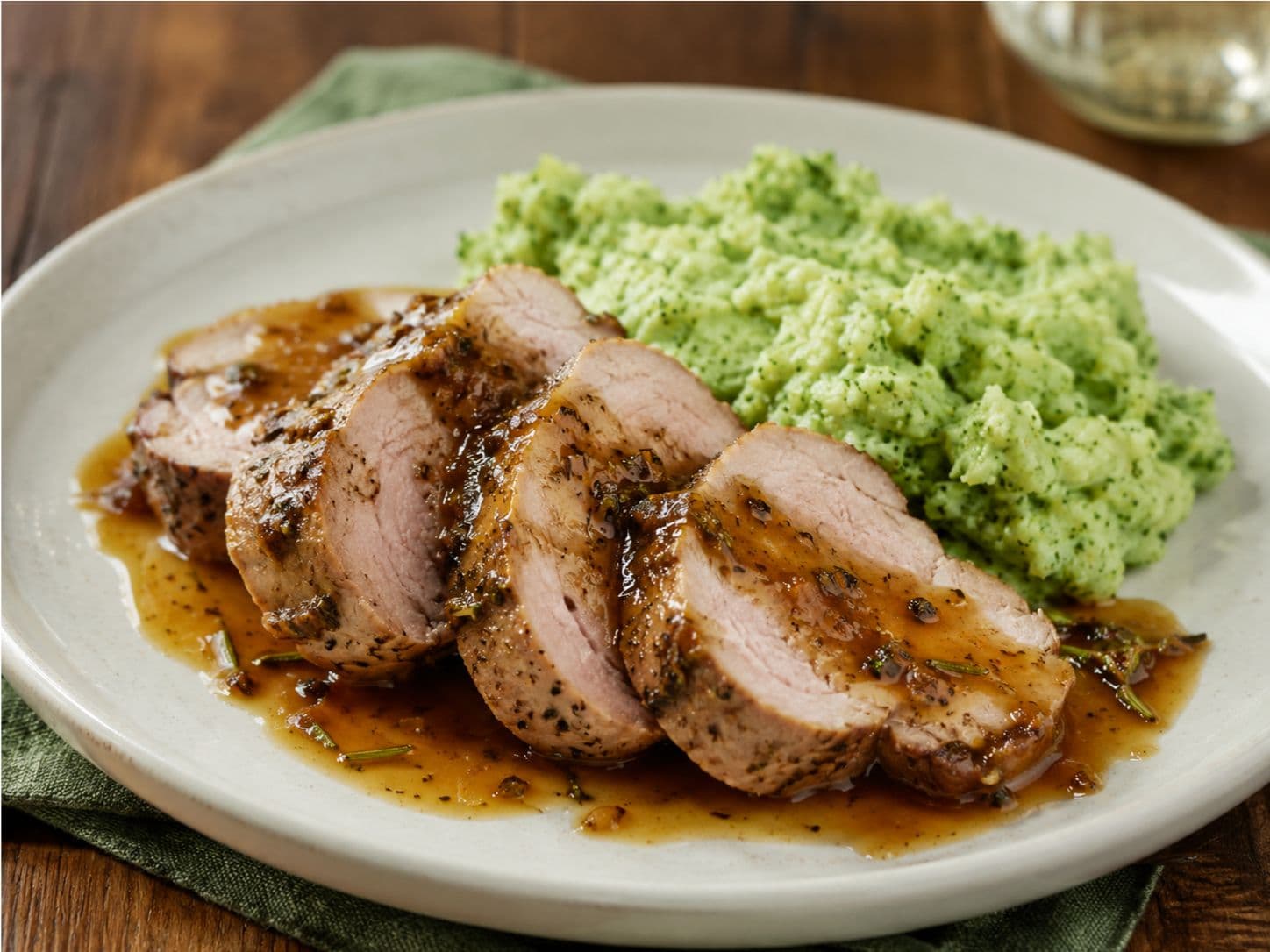 Herb-Roasted Pork Tenderloin with Apple Cider Pan Sauce & Broccoli Mash