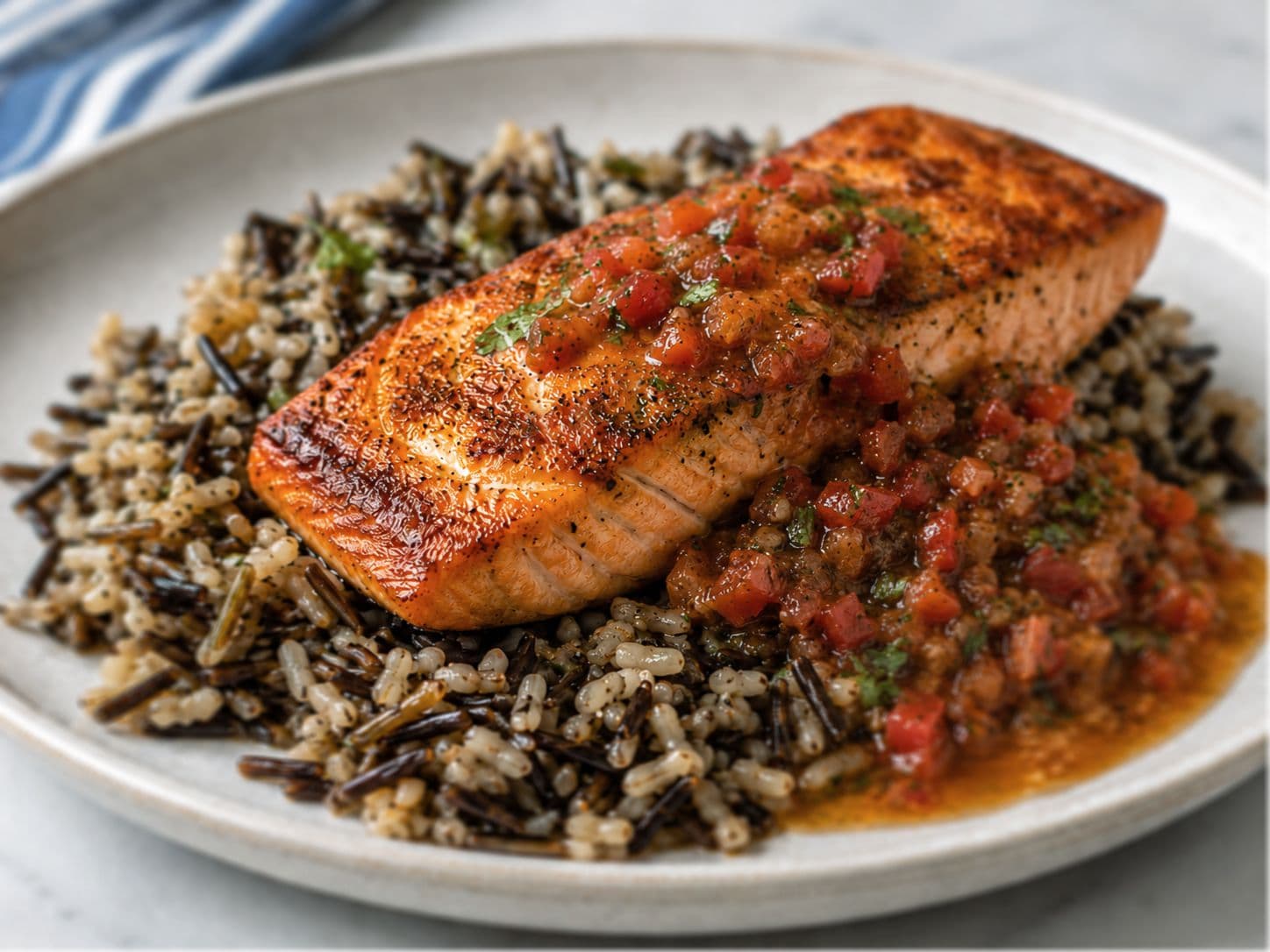 Pan-Seared Salmon with Brown Butter Tomato Relish & Wild Rice