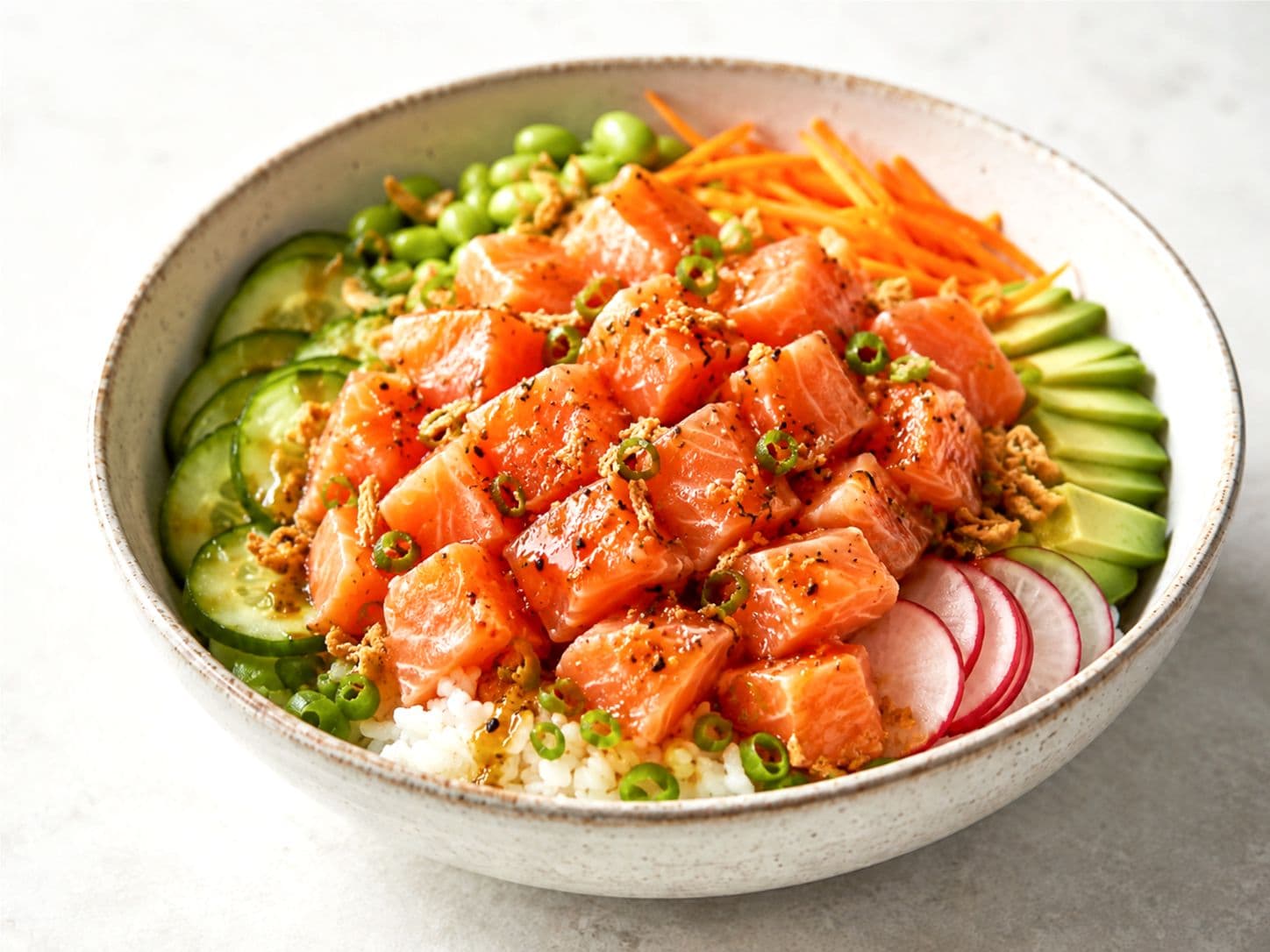 Fresh Salmon Poke Bowl with Ponzu Drizzle & Crispy Onions