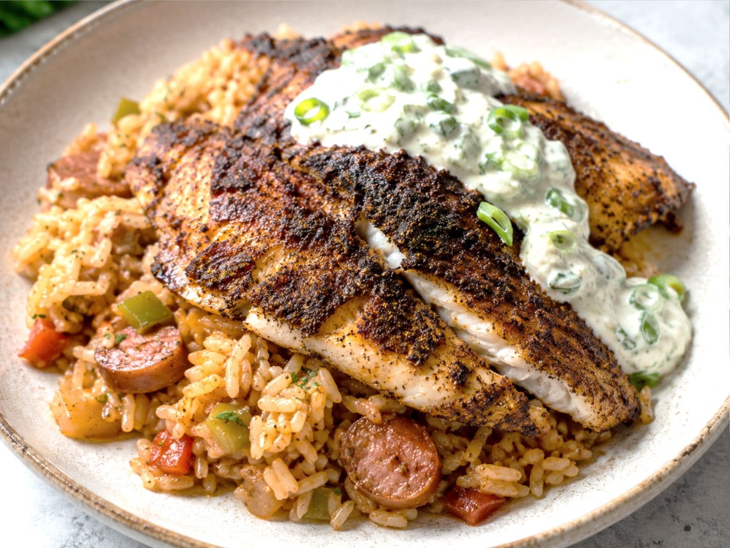 Blackened Tilapia with Jambalaya-Style Rice & Green Onion Remoulade